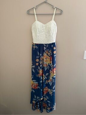 AS U WISH Floral Lace Hi-Low Maxi Dress Blue Boho Size L